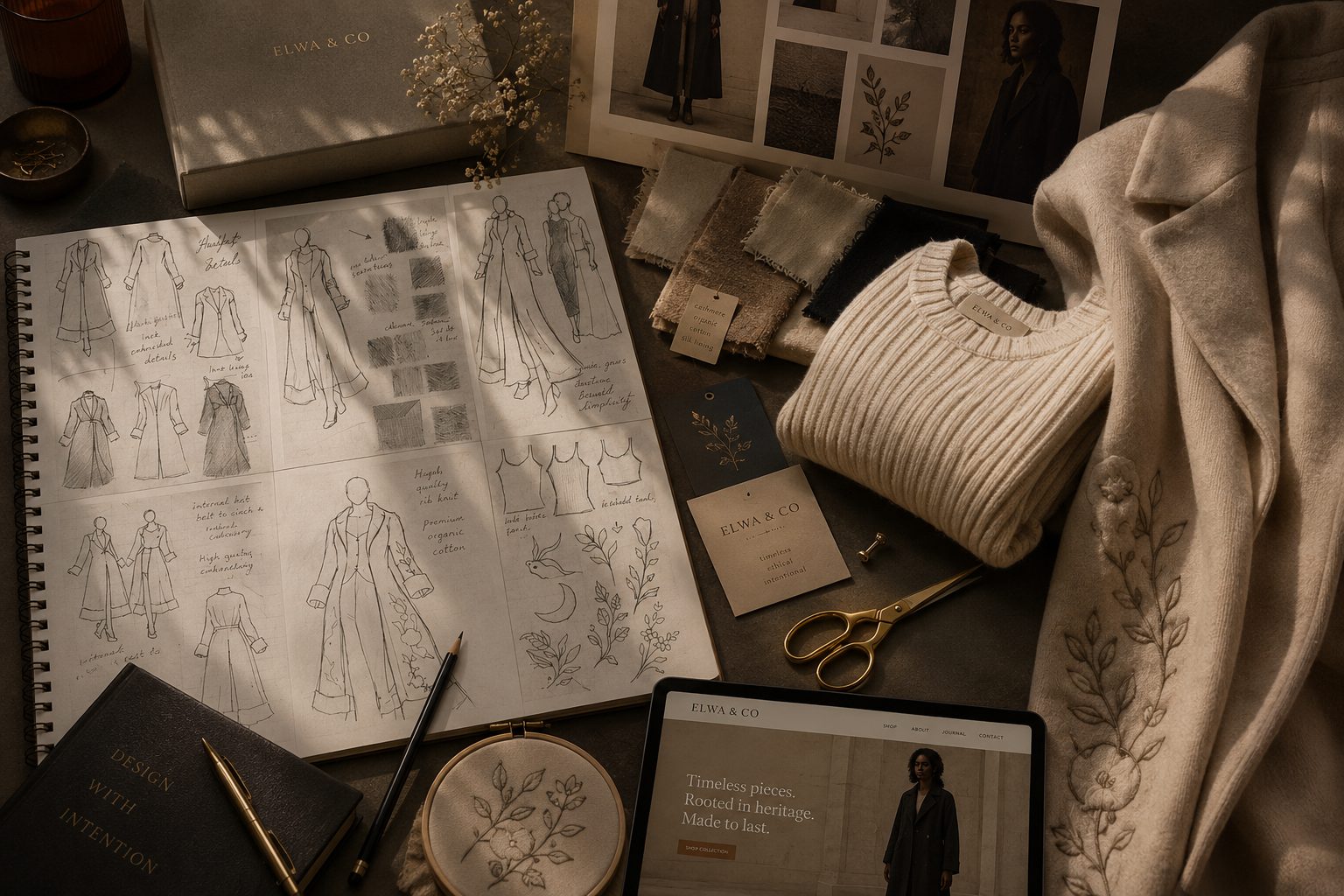 Elwa & Co design studio flat-lay — sketchbook, fabric swatches and packaging